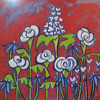 oil painting by Tennile Rose Will of stylized white flowers on red background